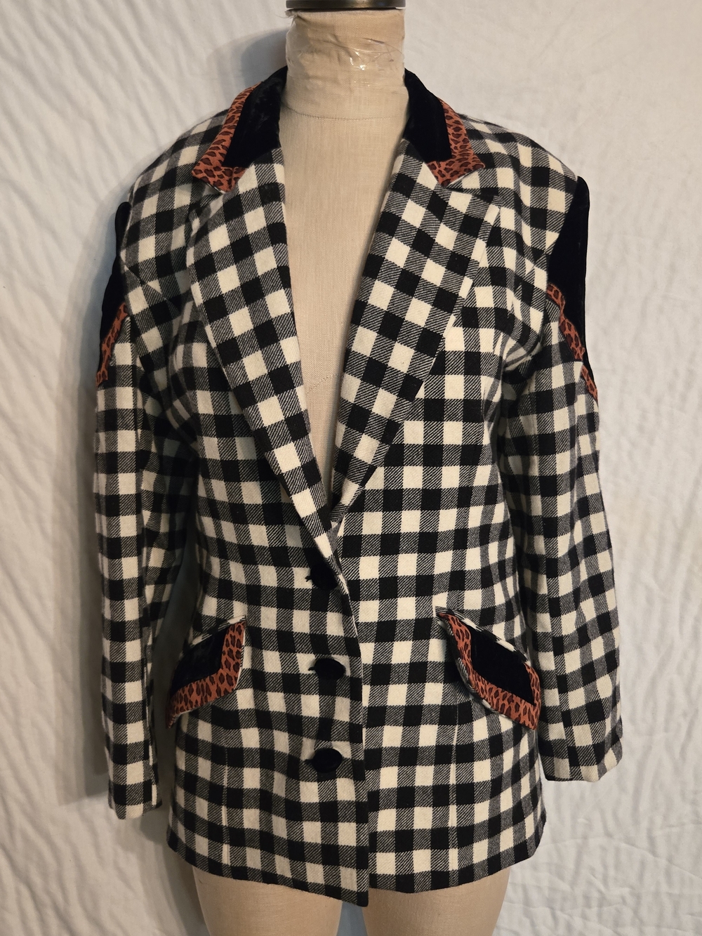 Vintage Black & White Checked Blazer with Rust Accent